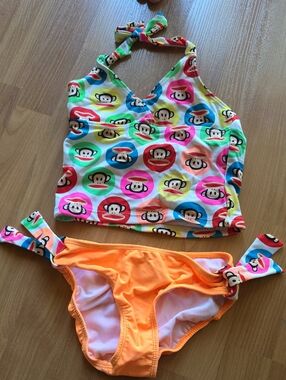 Paul Frank Girls Bright Multi Monkey Print Tankini with Neon Orange Bottoms
